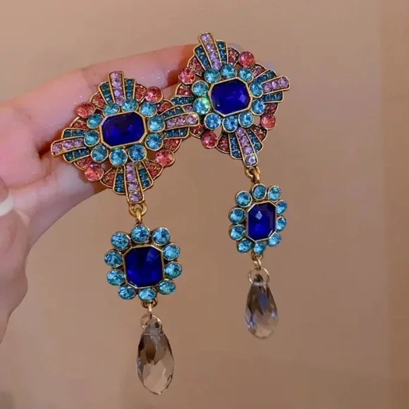 Colorful Crystal, Rhinestone Drop Medallion Dangle Vintage Look Party Earrings - Picture 10 of 10